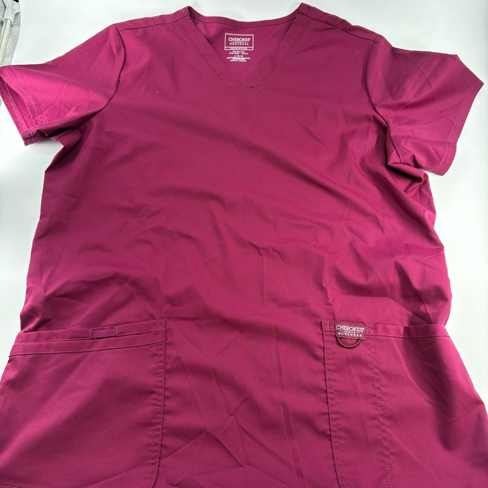 Cherokee Women's Solid Red Scrub Top V-Neck 2 Pocket Short Sleeve Large